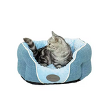 Blue Linen Velvet Round Portable Easy Clean Deluxe Dog Bed
