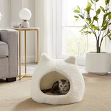 Cozy Calming Grey Plush Cat Ears Shape Pet Cave Bed With Removable Padded