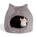 Cozy Calming Grey Plush Cat Ears Shape Pet Cave Bed With Removable Padded