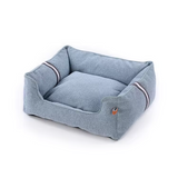 Washable Cover Blue Linen Jacquard Square Deluxe Pet Bed