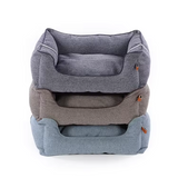 Washable Cover Blue Linen Jacquard Square Deluxe Pet Bed
