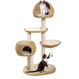 Log Color Rattan Cat Climbing Scratching Tree Condo With Scrapers And Bed