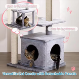 Modern Luxury Grey Plush Solid Wood Large Cat Climbing Scratching Tree Condo
