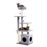 Modern Luxury Grey Plush Solid Wood Large Cat Climbing Scratching Tree Condo