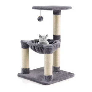 Simple Grey Plush Scratching Post Tree Wood Cat Tree Tower