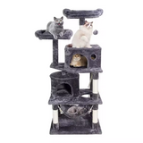 Dark Grey Plush Multi Level Scratching Post Tree Wood Cat Tree Tower