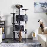 Custom Luxury Dark Grey Plush Wood Cat Scratching Tree Condo For Cats With Scrapers