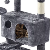 Custom Luxury Dark Grey Plush Wood Cat Scratching Tree Condo For Cats With Scrapers