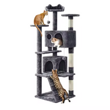 Custom Luxury Dark Grey Plush Wood Cat Scratching Tree Condo For Cats With Scrapers