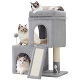 Woochpet 24inch Tall Cat Tree with 2 Cat Condo and Mouse Toy Cozy Small Cat Tower with Scratching Post and Board for Kitties and Small Cats