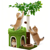 Woochpet Small Cat Tree with Scratching Post and Ball Track, Green Cat Tower with Lifelike Leaves for Kittens and Small Cats, 2-Door Cat Condo and Interactive Cat Toys for Indoor Cats