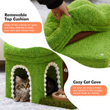 Woochpet Small Cat Tree with Scratching Post and Ball Track, Green Cat Tower with Lifelike Leaves for Kittens and Small Cats, 2-Door Cat Condo and Interactive Cat Toys for Indoor Cats
