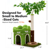 Woochpet Small Cat Tree with Scratching Post and Ball Track, Green Cat Tower with Lifelike Leaves for Kittens and Small Cats, 2-Door Cat Condo and Interactive Cat Toys for Indoor Cats